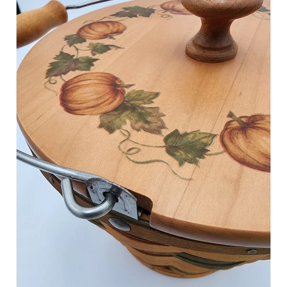 *SIGNED* '02 Longaberger Sage Autumn Round Pail Basket w/Handle, Protector & Lid